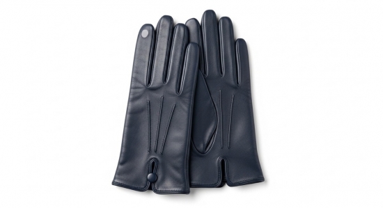 Navy Blue Leather Gloves with Button Detail