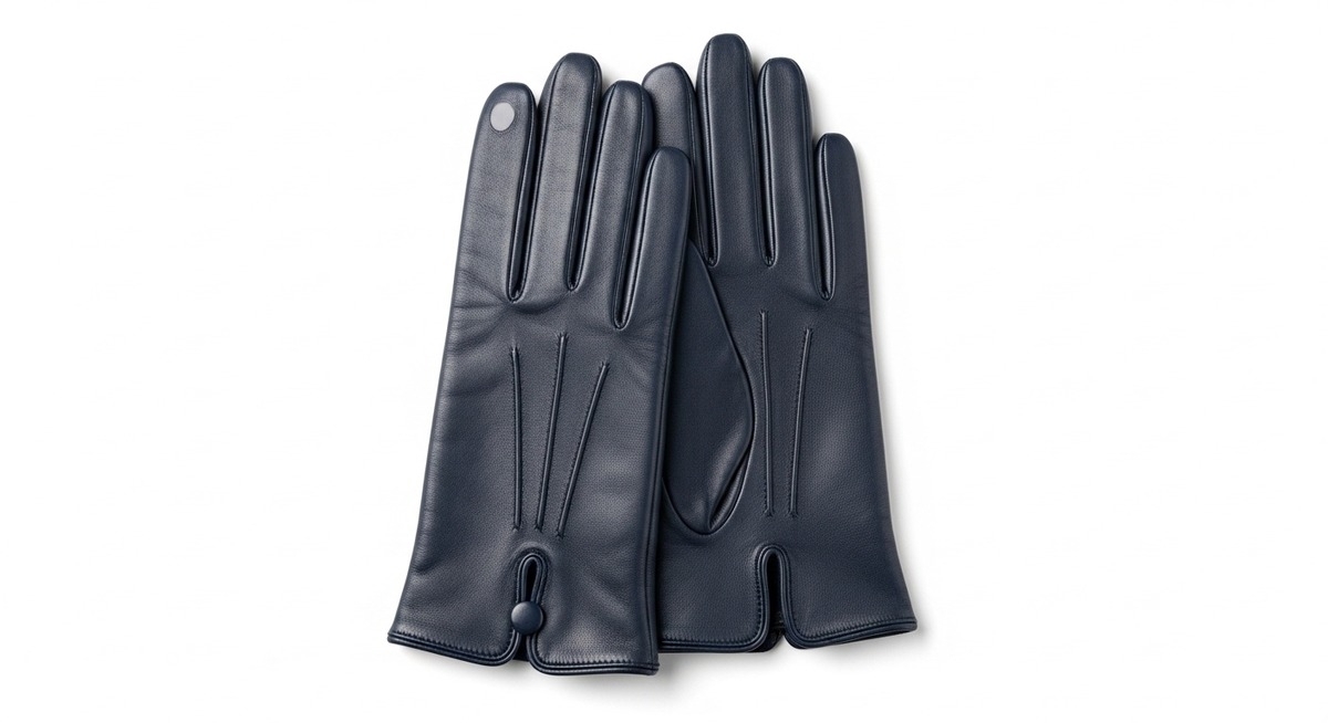 Navy Blue Leather Gloves with Button Detail